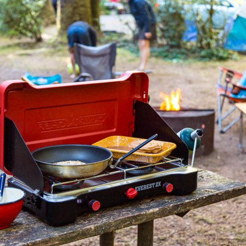 Skillet on a camp stove with a camping scene in the background.