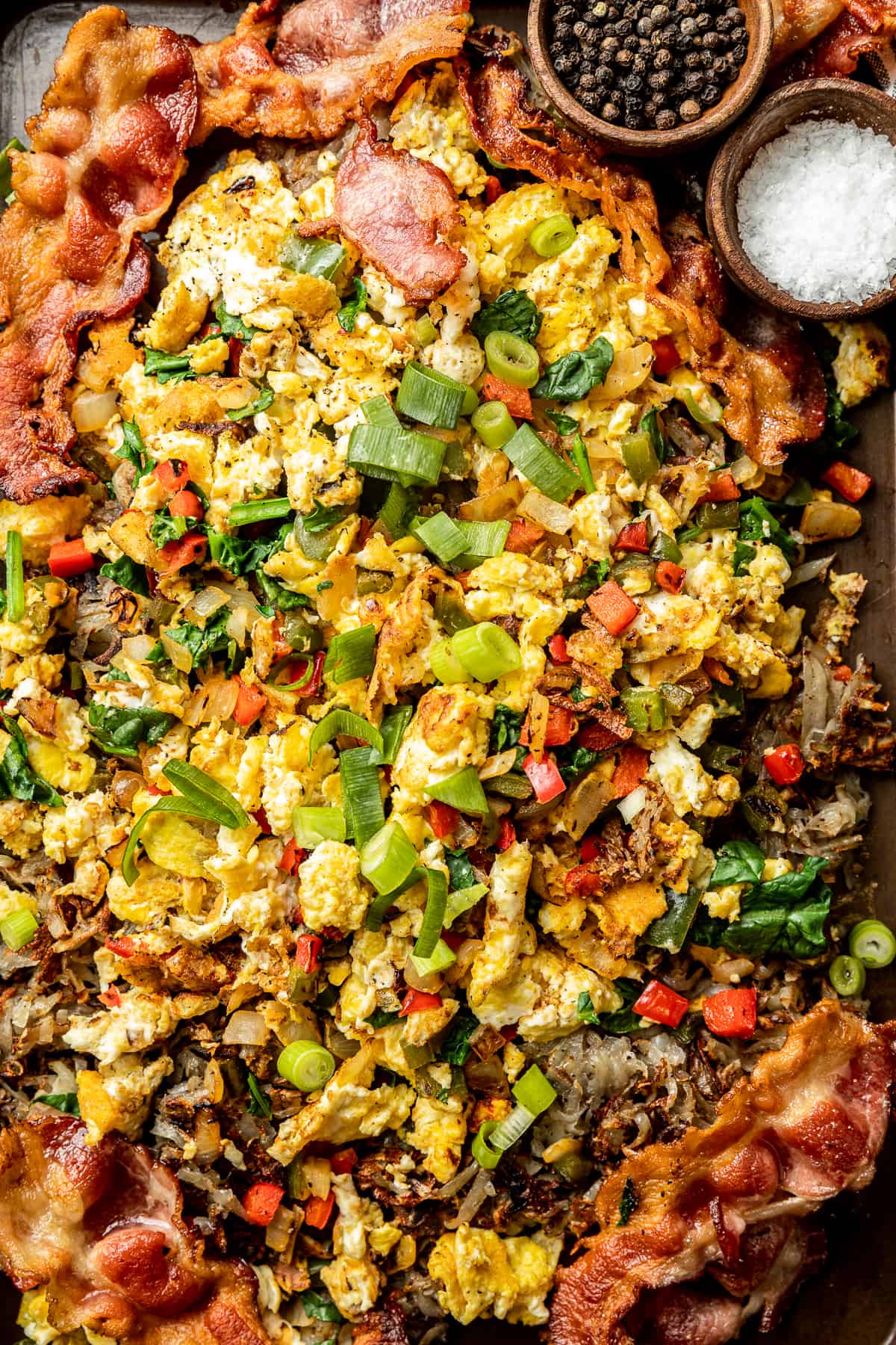 Eggs and vegetables on a Blackstone griddle.