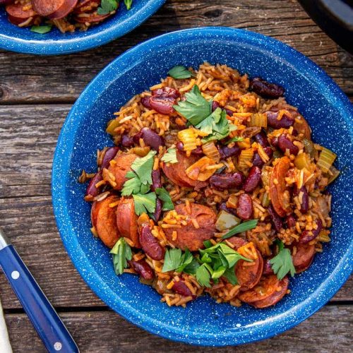 A blue bowl of red beans and rice on a natural surface