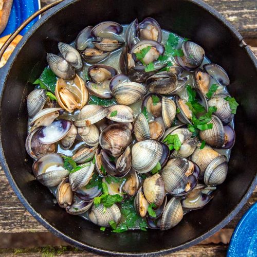 A Dutch oven filled with steamed clams on a table