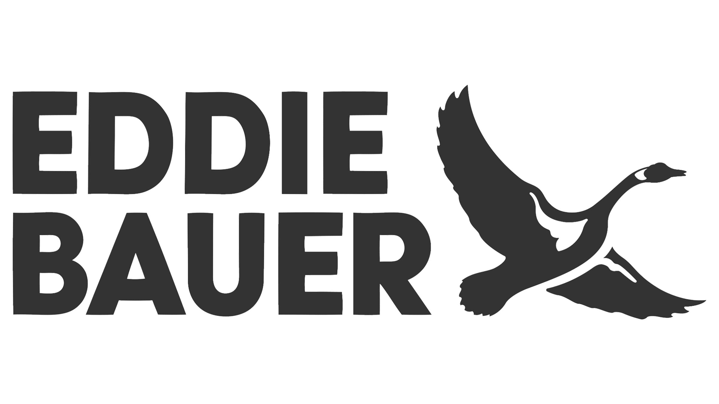 Eddie Bauer logo featuring bold, capitalized text 'EDDIE BAUER' next to a silhouette of a flying goose with outstretched wings.