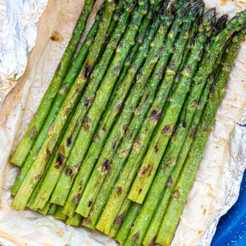 Grilled asparagus on a plate.