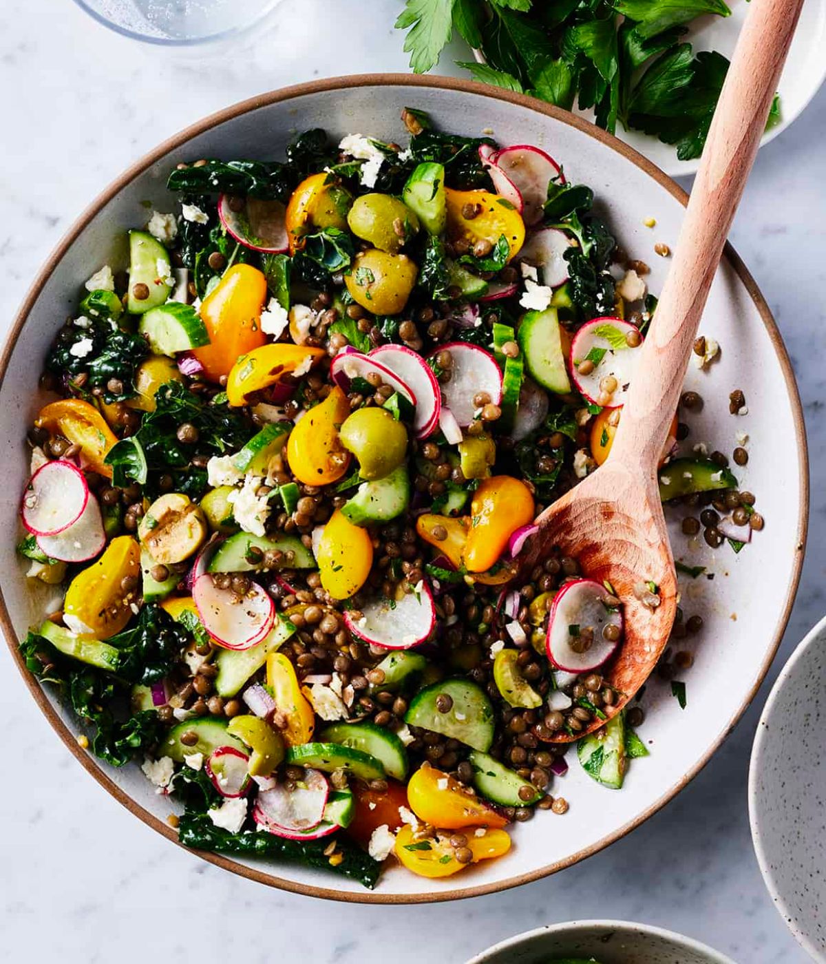 Lentils and chopped veggies in a bowl.