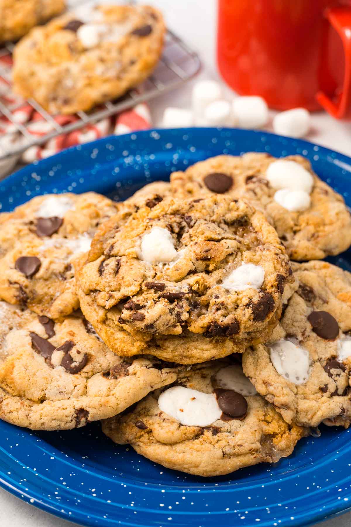 S’mores cookies on a blue plate with marshmallows and a hot drink in the background.