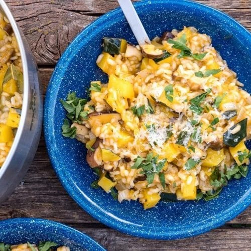 Overhead view of a bowl of acorn squash risotto