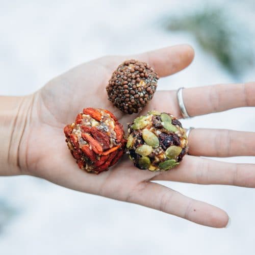 Hand holding three energy bites with a snowy background