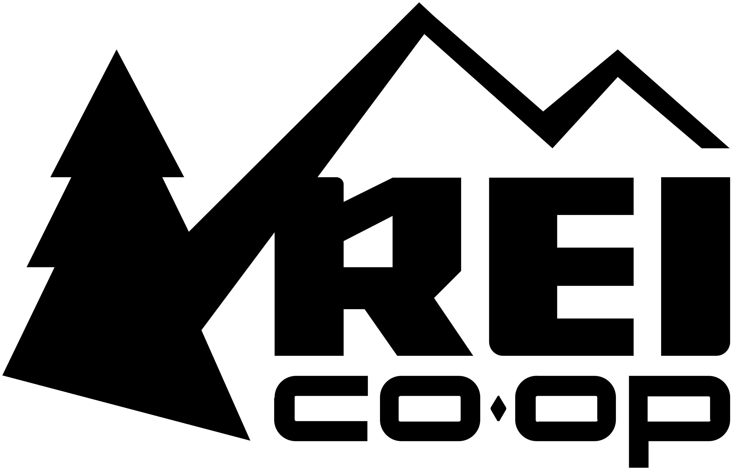 A black and white REI Co-op logo with a stylized mountain and tree, featuring bold letters "REI" above smaller, lowercase lettering "co-op.