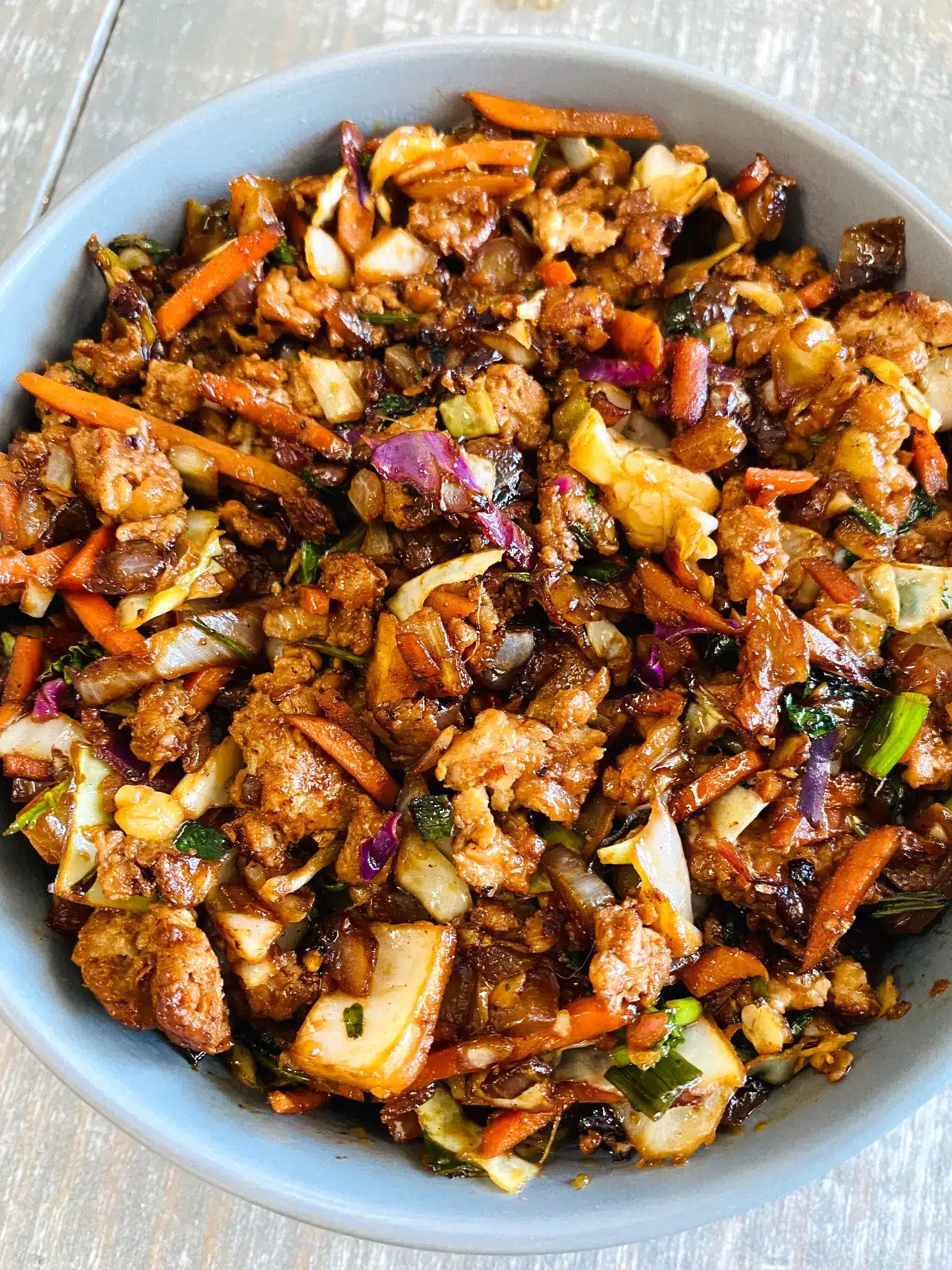 Egg roll filling in a bowl.