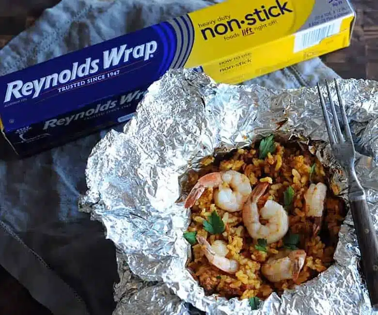 Shrimp paella in foil.